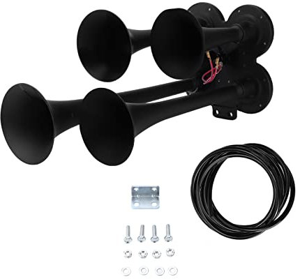 4-Trompetenhorn-Set,135DB Train Horn Kit, Metall Autohupe Vierrohr Horn Lautsprecher für Motorrad LKW Schiff Zug DC 12V (Schwarz)
