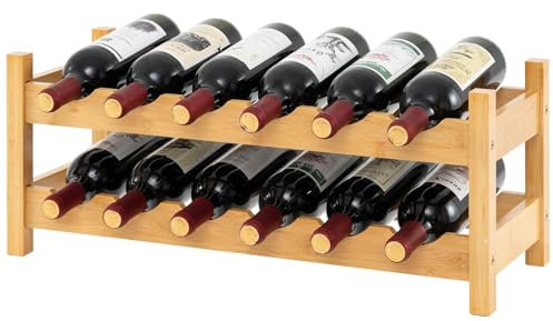 COSTWAY 2 Tier Countertop Wine Rack, 12-Bottle Bamboo Freestanding Wine Holder Organizer with Arc Design, Space-saving Wine Display and Storage Shelf for Kitchen Pantry Pub Wine Cellar (Natural)