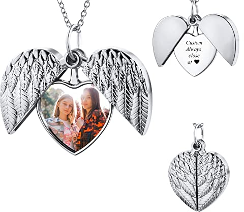 INBLUE Collar Foto Personalizado Colgante Mujer Medallón de Corazón Ángel Alas Girasol Inciso Mensaje Material Acero Inoxidable Regalos para Parejas, Madre, Hija (Plata Ángel Alas)