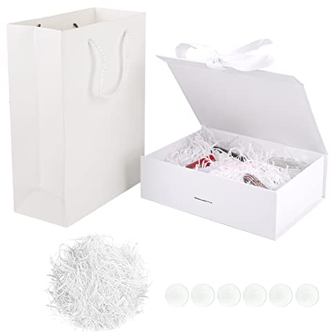 funvce Weiß Geschenkbox, 23x17x7cm Geschenk Box mit Deckel, Geschenktüten, Raffia Hamper Shreds und Klebeband, Geschenkkarton für Ostern, Valentinstag, Muttertag Geschenkverpackung