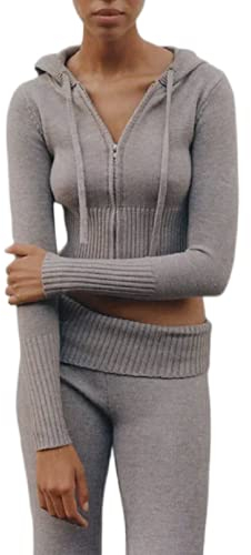 RTGSE Damen Y2K Reißverschluss Up Strick Crop Hoodies Vintage Rib Strick -Kapuze -Sweatshirts mit Hose Kleidung Set 90er Streetwear (Grey, S)