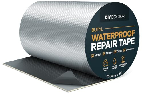 DIY Doctor Waterproof Tape for Leaks 200mm x 5m Butyl Roof Sealant Tape | Self-Adhesive Aluminium Foil Butyl Flashing and Repair Tape for Outdoor Use. Seals Roof Felt, Gutters, Sheds, Caravans, Pipes