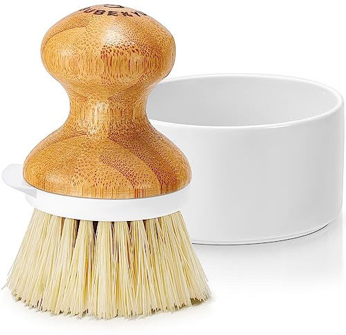 SUBEKYU Bamboo Dish Brush, Kitchen Dish Scrubber Brush with Soap Dispenser, Natural Wooden Dishwashing Brush for Cleaning Dishes/Pans/Pots, Built-in Scraper, Sisal Bristles,1 Set
