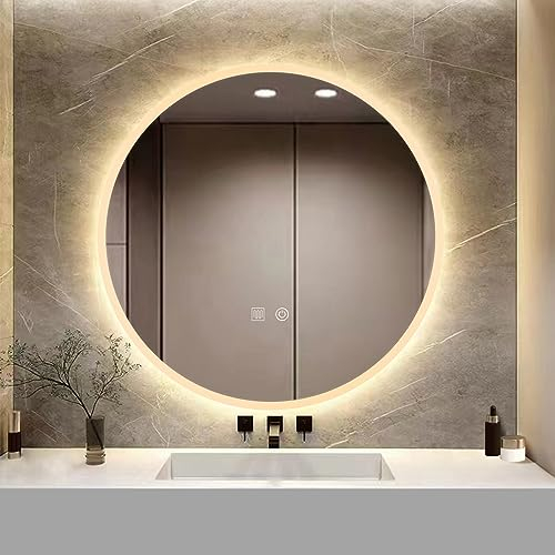 YOSHOOT Specchio da bagno rotondo a motivi, montaggio a parete, con luce LED dimmerabile a 3 colori, specchio sottile illuminato per vanità, antiappannamento, cerchio grande, IP44 (classico)