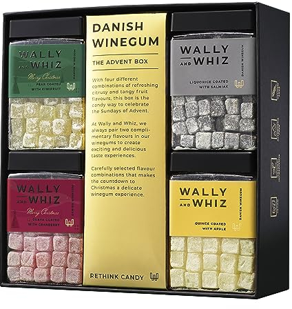 Wally and Whiz – The Advent Box - Adventskalender 2024 – Dänische Gourmet Fruchtgummis – 4 Geschmäcker 4 Dosen Weingummis - Vegane Glutenfrei und Allergenfrei - Natürliche Farbe/Aromen 960g