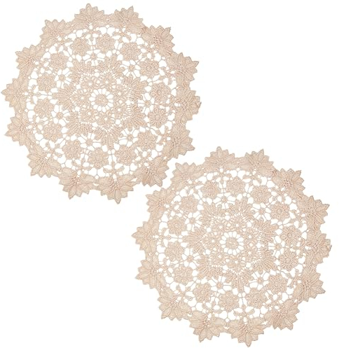 GORGECRAFT 2 napperons Ronds en Dentelle de 35cm de Diamètre Grands Dessous de Verre Ronds en Dentelle au Crochet Vintage Beige Feuilles Florales Brodées Sets de Table pour Cuisine Salle à Manger