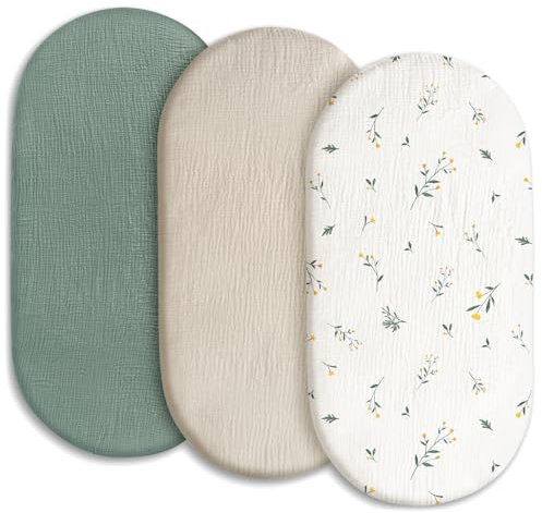 Gllquen Baby Musselin-Bettlaken, 3er-Pack, atmungsaktiv, elastisch, gemütlich, Baumwolle, Stubenwagen-Matratzenauflage für Babys, Jungen, Mädchen, passend für Sanduhren, oval, rechteckig, 83,8 x 43,2