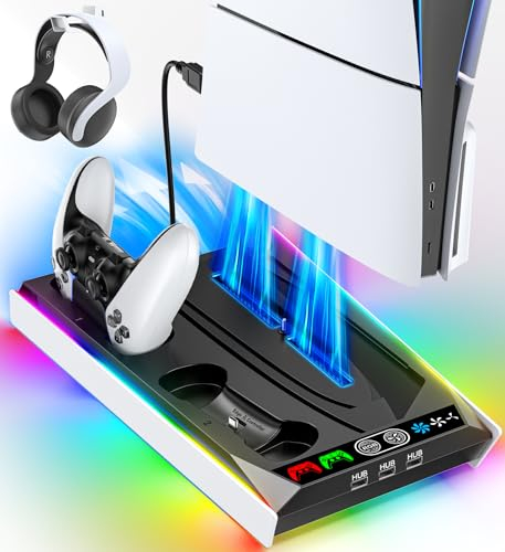 Tokluck Supporto per PS5 e Raffreddamento per PS5/PS5 Slim/PS5 PRO, Ricarica per P5 & Edge Controller, Ventola P5 a 3 velocità con 3 USB HUB