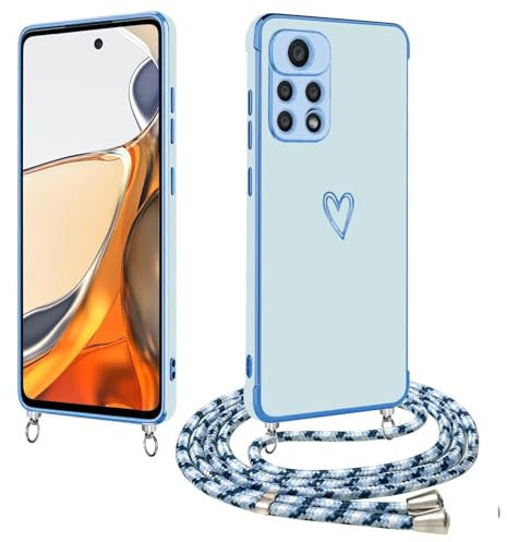 LENGRACE für XiaoMi RedMi Note 11S 4G / Note 11 Liebesherz Muster Handyhülle,Gold Liebesherz für Mädchen Stoßfest TPU Hülle mit Band zum Umhängen-Blau