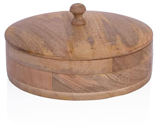 Handcrafted Wooden Mexican Tortilla Warmer Basket Indian Chapati Roti Bread Holder Box Pancake Keeper Serveware Hot Pot Casserole Dish With Lid Home Kitchen Dining Decor, Natural Brown, 23 x 7 cms