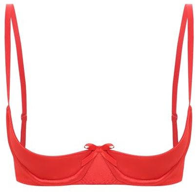 FEESHOW Women Sexy 1/4 Cup Bra Push Up Bralette Underwire Satin Bra Open Breast Brassiere Underwear Red XL