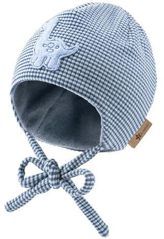 Sterntaler Beanie mit Stickmotiv Dino für Jungen - Baby und Kinder Mütze mit angeschnittenen Ohrenklappen und Bindeband - gefüttert mit Baumwollfleece - blau, 41