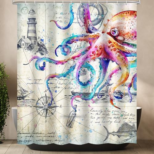 Lokigo Rideau de douche rigolo extra long de 213 cm en tissu imperméable avec 12 crochets, motif pieuvre nautique, pour salle de bain, décoration amusante, 183 x 213 cm