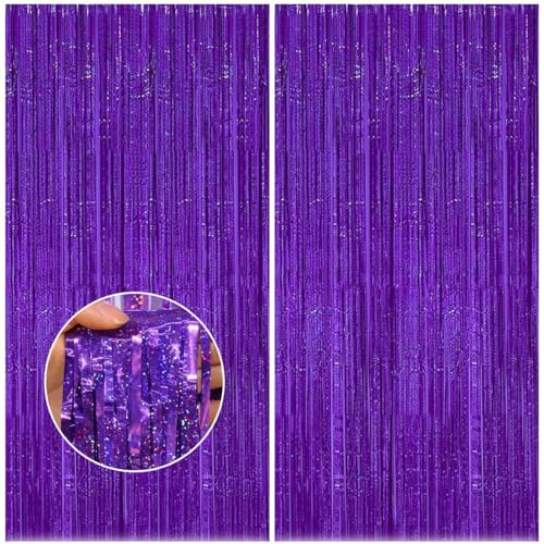 Feibmir 2 Stück Lametta Vorhänge Hintergrund,Lametta Vorhang Glitzer,für Geburtstagsfeier Disco Silvester Party Hochzeit Weihnachten Dekorationen Lila