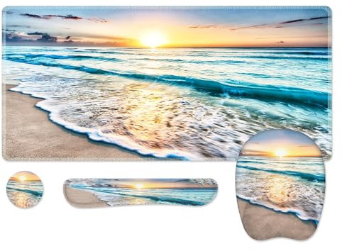 Anyshock Large Mouse Pad with Wrist Rest, Keyboard Wrist Support, Desk Mat, 4PCS Ergonomic Desk Pad Mat with Coaster Set, Computer Mousepad for Office Desktop Laptop, Beach Sunshine Summer