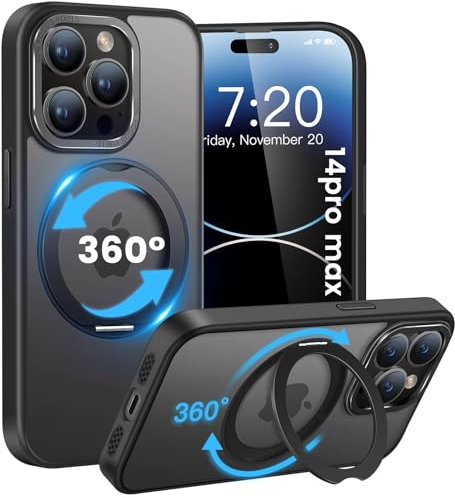 HuwaiH handyhülle für iPhone 14 pro max Hülle, [360° Magnetischer Ring Ständer ] [mit Mag-Safe] [Transluzente Matte] Stoßfeste Kratzfeste Schutzhülle für iPhone 14 pro max (Schwarz)