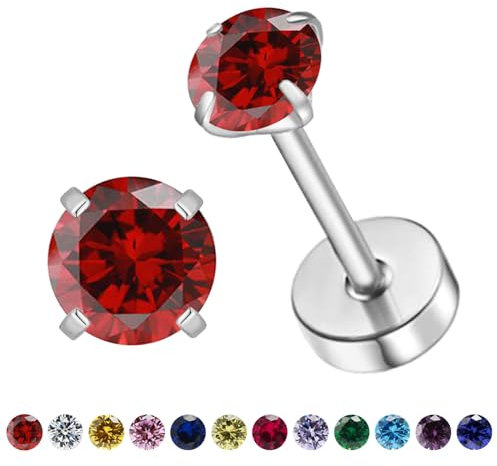 Natürliche Geburtsstein Ohrstecker für Frauen Teenager Mädchen, kleine 3mm CZ Ohrstecker flach zurück Ohrringe, Schraube zurück winzige Ohrringe Ohrstecker (Silber, 1-Granat)