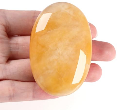 GUJOXILA 2.4 Groß Gelbe Jade Kristalle Edelsteine Oval Sorgensteine Heilsteine Steine Natürliche Poliert Palme Stein Chakra Reiki Balancing Energiestein 1PC
