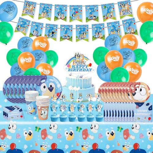 Dekewe 86 PCS Decoración para Fiesta de Cumpleaños Blue-y, Globos, Banner, Platos, Servilletas y Manteles para Fiestas Infantiles