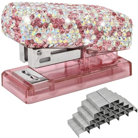 Blueshyhall Heftgerät Glitzer Klein, Bling Mini Stapler mit Diamant Strass, Mini Heftgerät Set mit 1000 Stück 26/6 Heftklammern, Tacker Hefter Klein Mini für Büro Schreibtisch (Rosa)