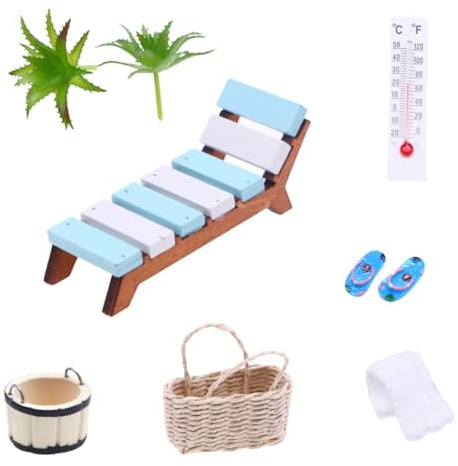 Sarini Dollhouse Mini Summer Beach Wooden Lounge Chair Miniature Sauna Scene Shooting Props Model