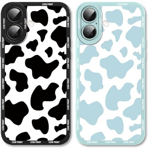 Yoedge 2 Pack Cute Phone Cases for iPhone 16 Case 6.1, Fashion Cow Print Silicone Slim Soft TPU Phone Case for Women, Shockproof Cover Protective Funda para Girls, Black & Blue