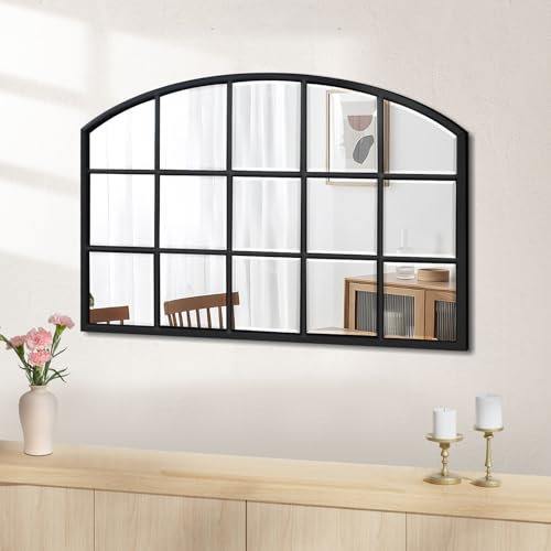 Jesantab Espejos de ventana negros para decoración de pared, espejo arqueado ancho de granja, espejo decorativo con marco de madera para sala de estar, entrada, pasillo, chimenea, 33 x 24 pulgadas