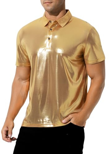 Casey Kevin Glitzer Hemd Herren 70er Jahre Outfit Herren Pailletten Oberteil Festival Outfit Shining kostüm Metallic Polo Shirts