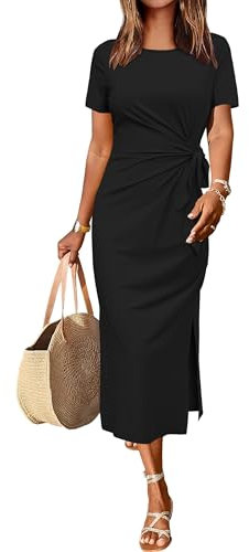 Newshows Summer Dresses for Women UK Casual Long Maxi Dress Tie Waist Elegant T Shirt Sundress with Split Black,L