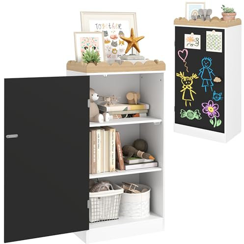 AIYAPLAY Kindermöbel, Kinderspielzeugaufbewahrung, Kinderschrank mit Schwarztafel-Tür, 3 Fächern und Oberboden für Schlafzimmer, Spielzimmer, Kinderkrippe, weiß