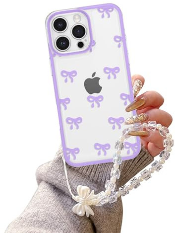 EYZUTAK Case for iPhone 15 Pro, Clear Cute Ribbon Bowknot Aesthetic Phone Case with Charm Bracelet Chain Raised Camera Protection Stylish Soft Durable TPU Protective Cover for Women Girls - Purple
