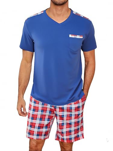 Litherday Ensembles de Pyjama Homme Pyjama Homme Court Été Short Coton à Manches Courtes Vêtements de Nuit Détente à Carreaux Doux Poche pour Deux Pièces Rouge XXL