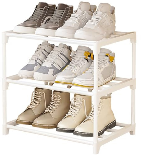 NIAWECAN Small Shoe Rack, White Shoe Rack, 3 Tier Shoe Racks, Metal Shoe Racks Small, Stackable Shoe Storage, Narrow Shoe Organiser Storage Shelf for Closet, Hallway, Bedroom, Quick Assembly