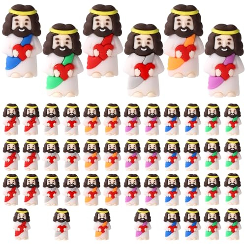 Lyreh 50stk Klein Jesus Statue mit Rotem Herz, Miniatur Osterdeko aus PVC-Material Mini Valentinstag Jesus Dekor für Ostern Valentinstag Gastgeschenk und Dekoration(Gemischte Farben)