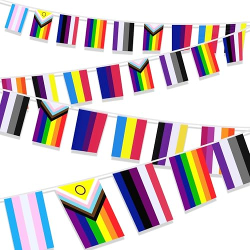 MARFOREVER Pride-Flaggen, 50 Stück, 150 m, Gay-Regenbogen-Banner, Schnur, kleine LGBT-Wimpelkette, Wimpelkette für Zuhause, Garten, Bars, Pride-Monat, LGBT-Party, Regenbogen-Festival-Dekorationen (10