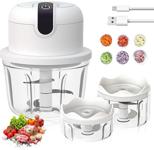WIYETY - Tritatutto elettrico per cipolle, ricaricabile tramite USB, con 3 bicchieri di miscelazione da 100/250/350 ml, trita aglio, trita cipolle, affetta carne, frutta e cipolle