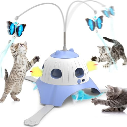 FUGODIWI Interaktives Katzenspielzeug Elektrisch, Katzenspielzeug Selbstbeschäftigung, 3-in-1 Automatisches Katzenspiel, Whack-a-Mole-Spiel, mit beweglichen Federn, USB-Aufladung (Blau)