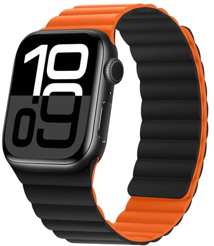 HITZEE Cinturino Magnetico Due Lati Compatible con Cinturino Apple Watch 42(S10)/41/40/38mm, Band in Silicone per iWatch Serie 10 9 8 7 SE 6-1 (42/41/40/38, Nero/Arancione)