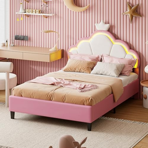 DAHUEN Polsterbett 140x200 für Kinder mit LED-Beleuchtung, Kinderbett Bettgestell für Mädchen mit Verstellbares Crown-Kopfteil, Prinzessin Bett Rosa mit Lattenrost, Flanell (Rosa, 140×200cm)