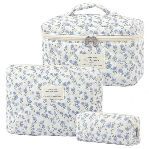 Kosmetiktasche Set Kulturtasche Damen mit Blumen, Baumwolle Make Up Tasche Bag, Tragbare Schminktasche Kulturbeutel Reise Zuhause, Cosmetic Bag Frauen Mädchen, Aesthetic Stuff Clean Girl