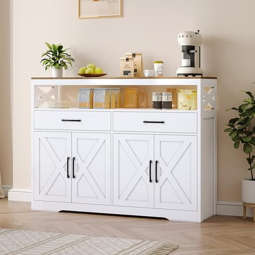 MIOOSUT Buffet de Cuisine Rangement, Meuble Cuisine Blanc, Buffet Bas Salle a Mangeravec Rangement, avec 4 Portes 2 Tiroirs étagères Réglables, pour Salon Salle à Manger (Blanc A, 140 * 40 * 105)