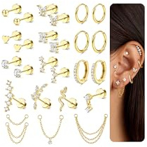Chriscoco 22Pcs Ohrringe Chirurgenstahl Damen 14K Vergoldet Ohrringe Set | Hypoallergen,Ohrringe Silber,Piercing Ohr,Medizinische Ohrstecker,Klein Creolen,Conch Tragus Helix Piercings,Ohrpiercing