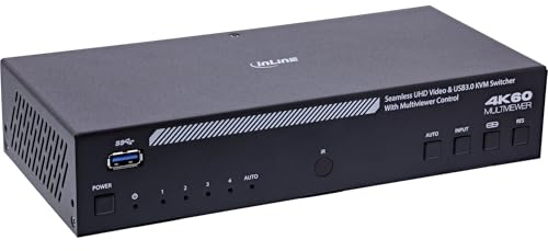 InLine KVM Switch 4-Fach HDMI Multiviewer 4K 60Hz Pip PBP Quad USB Hub Umschaltung Hotkey Taste IR OSD RS-232 Plug & Play schwarz 57885I