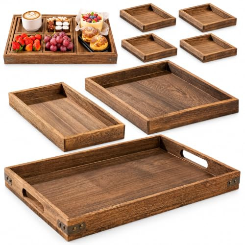 Wooden Serving Tray, 7pcs Rustic Wooden Serving Board with Handles Rectangular Platters for Eating Food for Dinner Bedroom Living Room Kitchen Bathroom, Hospital, Brown