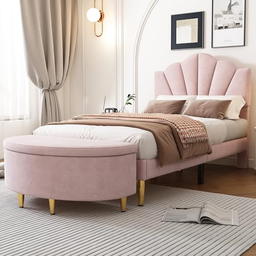 Letto Imbottito in Velluto con Testiera Regolabile, Design a Conchiglia e Gambe in Metallo Dorato, Rete a Doghe in Legno, Letto 90200 con Panca Contenitore, Adatto per Camera da Letto, Rosa