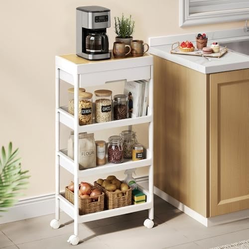 SONGMICS Rollwagen 4 Ebenen, Servierwagen mit Schublade, Küchenwagen | Abnehmbare Deckplatte als Tablett, Kunststoff, einfacher Aufbau, Küche, weiß-goldeichenfarben, BENCO Kollektion BSC070W101