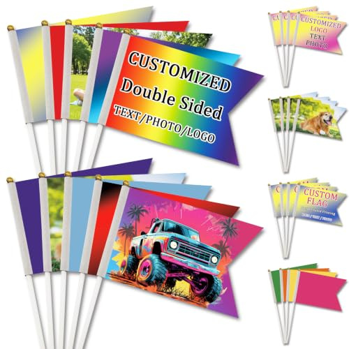 Mini drapeau double face personnalisé avec hampe (1 à 500 pièces) - Drapeaux personnalisés avec photo, texte et logo, petits drapeaux pour fêtes, événements sportifs