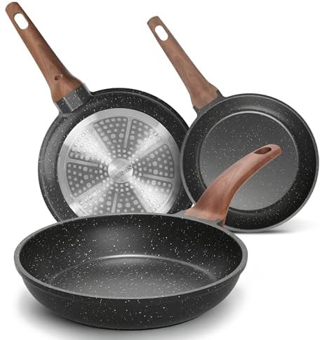 YASHE 3Pcs Granite Nonstick Frying Pan Set(20/24/28cm) Induction Ready | Non-Toxic Omelette Pans Cookware with Stay-Cool Handle PFOA/PFOS Free Skillet Pans Set Compatible with All Stovetops