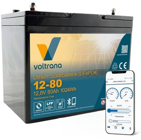 Lithium Solarbatterie 12,8V 80Ah 1024Wh M8 mit Bluetooth – Voltrana LiFePO4 Versorgungsbatterie