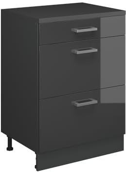 Vicco Erweiterungskommode Rion, Anthrazit Hochglanz/Anthrazit, 60 x 46 cm ohne Schräge mit 3 Schubladen, kombinierbar mit Rion Dachschrägenschränken und Schrankmodulen